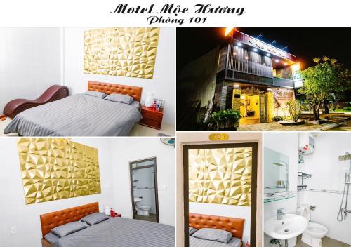 a collage of pictures of a hotel room with a bed and a mirror at Mộc Hương Residences & Herb in Hue