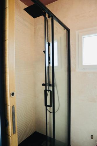 a shower with a glass door in a bathroom at Suite climatisée Jacuzzi privatif Li Li et Rose in Nantes