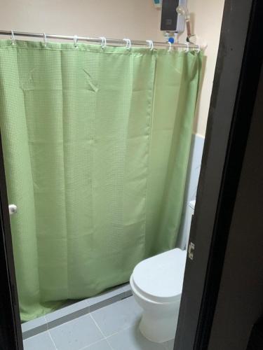 a bathroom with a green shower curtain and a toilet at Balili Property in Amitty Ville