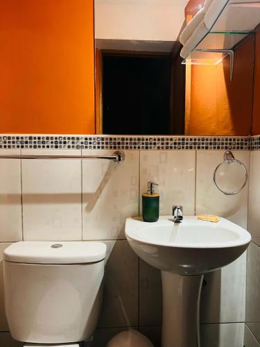 a bathroom with a sink and a toilet and a mirror at SARA GARDEN LODGE Ollantaytambo in Ollantaytambo