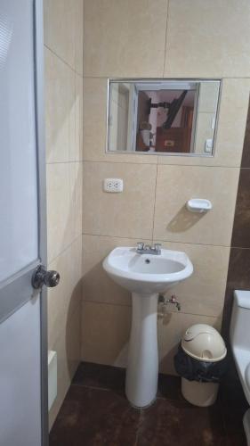 a bathroom with a sink and a mirror and a toilet at D' Barrig in Trujillo