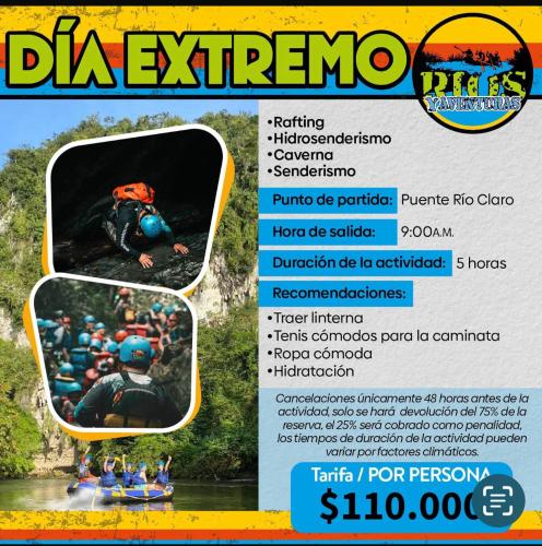 a flyer for a rafting expedition on the river at Aldea Inmueble in Doradal