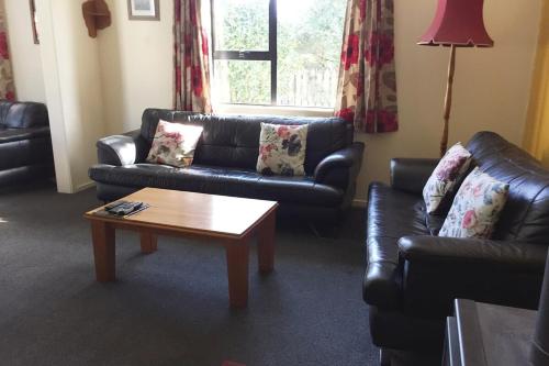 a living room with two leather couches and a coffee table at Arthurstown Rd Riverview House in Ruatapu