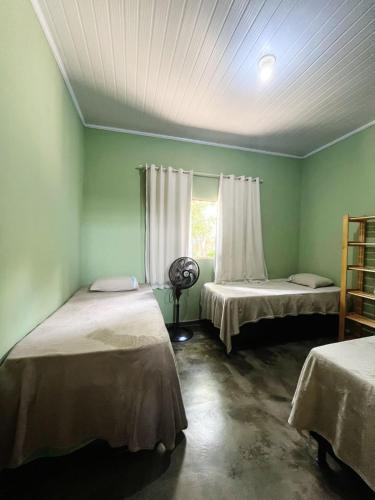 two beds in a room with green walls and a window at Casa Bem te Vi - Cavalcante in Cavalcante