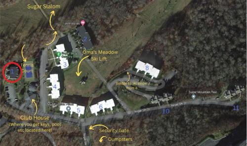 a map of the campus of a school at The Sugar Suite - Renovated with a View! Ski IN-OUT! Heated POOL, Hot tub, sauna, gym, AC, EV in Sugar Mountain