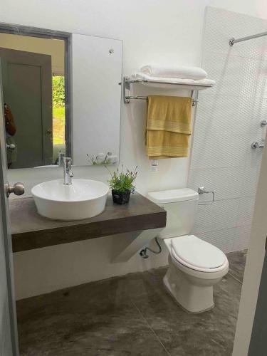a bathroom with a white toilet and a sink at El patio de Lucia, center 4 people Las Terrenas in Las Terrenas