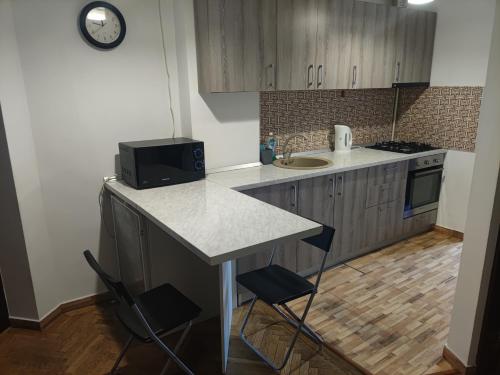 cocina con encimera, fregadero y microondas en Christie's central apartment, en Bucarest