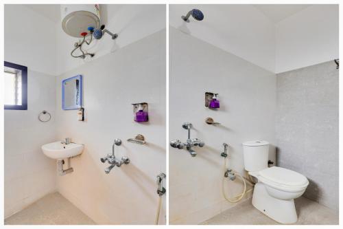 two pictures of a bathroom with a toilet and a sink at Super Collection O Kakinada near JNTU in Kākināda