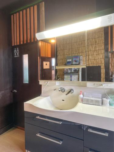 a bathroom with a sink and a mirror at ゲストハウスみどり in Iiyama