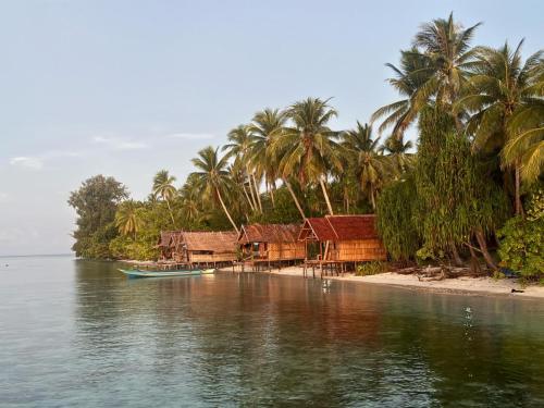 a house on a beach with palm trees and a boat at Fam Homestay in Fam