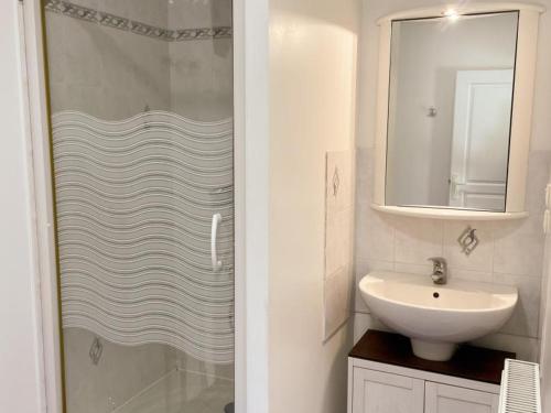 a white bathroom with a sink and a shower at Gîte tout confort 2 ch, jardin, proche Blois & Chambord - FR-1-491-463 in Saint-Claude-de-Diray