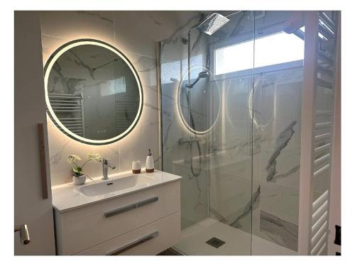 une salle de bain avec un lavabo et une douche avec un miroir dans l'établissement Appartement rénové à Juan les Pins avec parking - FR-1-252-198, à Antibes