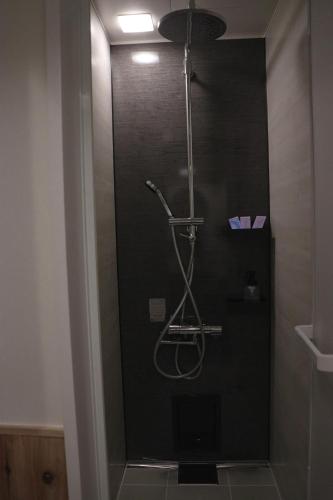 a shower in a bathroom with a black wall at Ito Ryokan in Tokyo