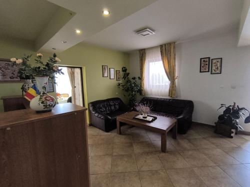 a living room with a couch and a table at Pensiunea Daria in Căşeiu
