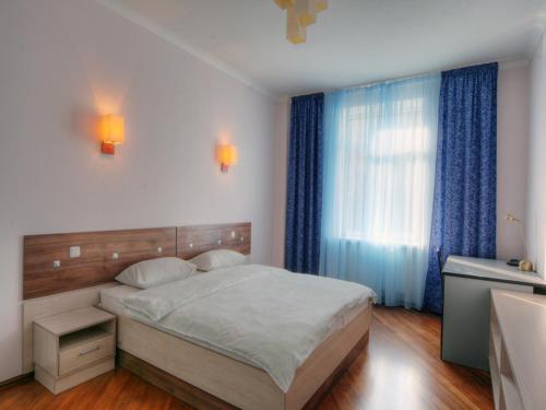 a bedroom with a bed and a window with blue curtains at BestKievApartment in Kyiv