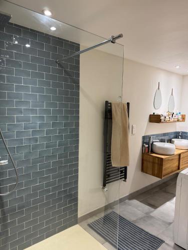 une salle de bain avec douche aux carreaux bleus dans l'établissement Location duplex Nice Libération, à Nice