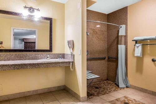 a bathroom with a shower and a sink at Rodeway Inn & Suites Canyon Lake-Menifee West in Canyon Lake