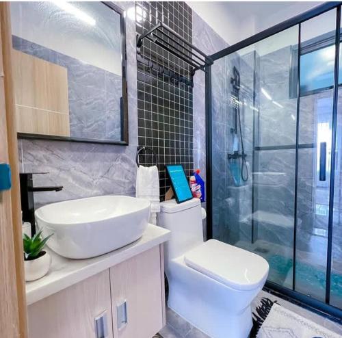 a bathroom with a toilet and a sink and a shower at Royal apartments in Nairobi