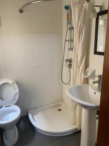 a bathroom with a shower and a toilet and a sink at Habitación y baño privado in Is-Swieqi