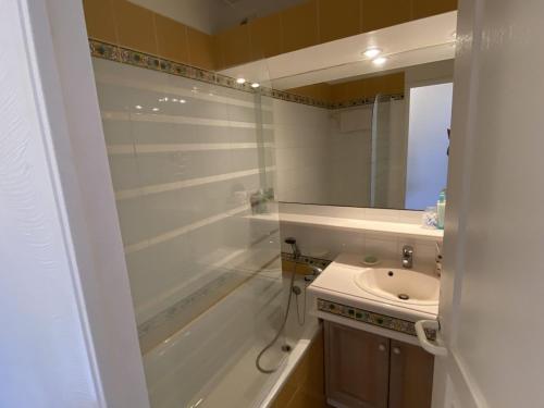 une salle de bain avec une baignoire, un lavabo et un miroir dans l'établissement Appt 3 étoiles - parking - clim - piscine - mer à 50m, à Roquebrune-sur Argens