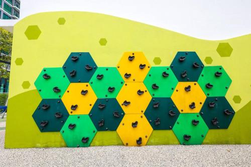 a wall of climbing bouldering gear at Greenfield Residence Bandar Sunway in Petaling Jaya