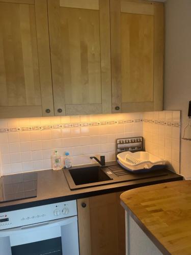 une cuisine avec un évier et un plan de travail dans l'établissement Cabourg plage 2 pieces, à Cabourg