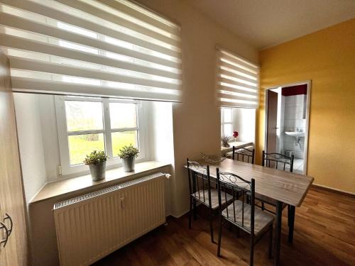 a dining room with a table and chairs and a window at Gut Rottmannshagen Mecklenburgische Seenplatte in Jürgenstorf