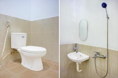 two pictures of a bathroom with a toilet and a sink at Hotel O Krakatau Near Universitas Muhammadiya Sumatra Utara UMSU in Medan