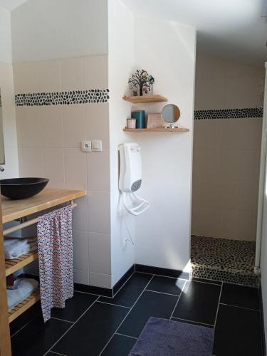 La salle de bains est pourvue de murs blancs et de carrelage noir. dans l'établissement maison avec piscine bord de mer, à Longeville-sur-Mer