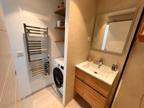 une salle de bain avec un lavabo et une machine à laver dans l'établissement Appt 29m2 - parking - wifi - clim - piscine, à Roquebrune-sur Argens