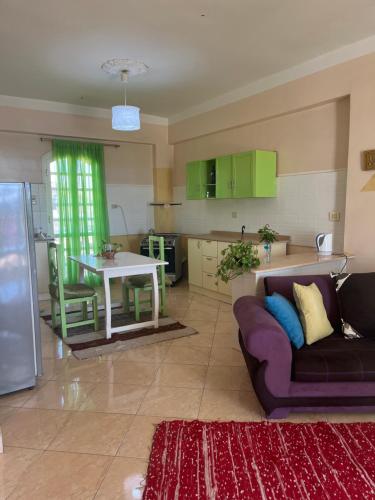 Una sala de estar con un sofá y una cocina. en Roses House Ladies only, en Luxor
