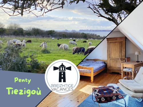 une chambre avec un lit et un champ de moutons dans l'établissement Penty Tiezigoù - Crozon, Bretagne, à Crozon