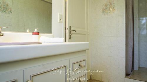 une salle de bain avec un lavabo blanc et un miroir dans l'établissement La VILLA DU CABELLOU, à Concarneau