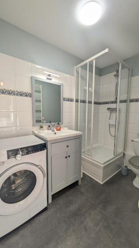 La salle de bains est pourvue d'un lave-linge et d'une douche. dans l'établissement Le Panoramique, F2- vue imprenable, wifi & parking, à Blonville-sur-Mer