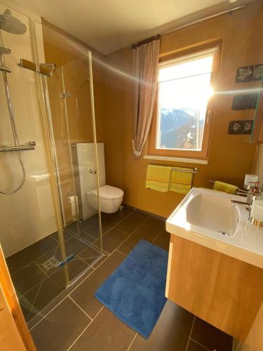a bathroom with a shower and a sink and a toilet at Haus Zimba Ferienwohnung am Bartholomäberg in Bartholomäberg