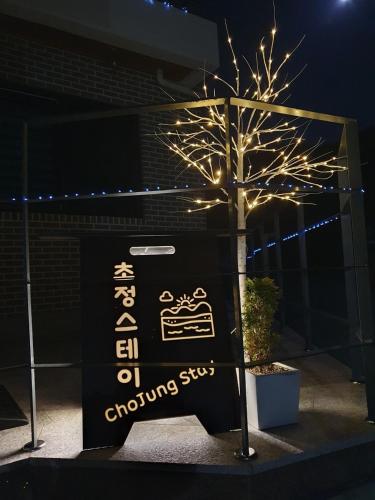 a tree with lights in front of a building at Cheongju Chojeong Stay in Cheongju