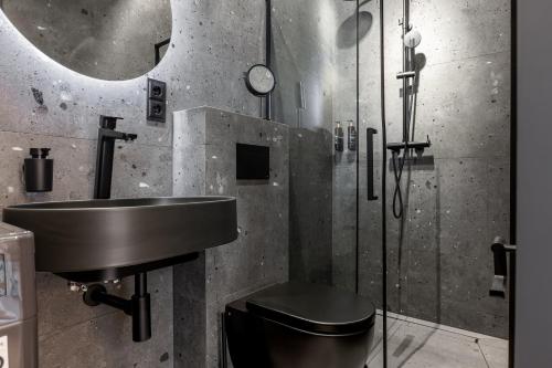 ein Badezimmer mit Waschbecken, Toilette und Dusche in der Unterkunft Memel Town Apartments in Klaipėda