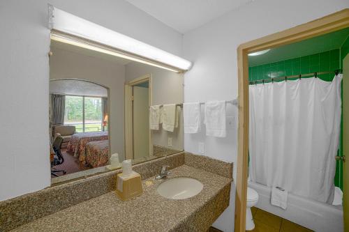 a bathroom with a sink and a mirror and a bed at Masters Inn Selma Smithfield I-95 By OYO in Selma