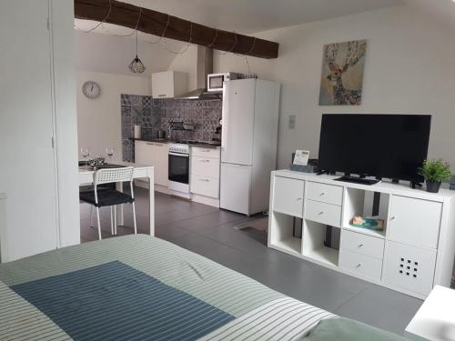 Il comprend un salon doté d'une cuisine avec une télévision et une table. dans l'établissement Grand studio centre historique Sancerre, à Sancerre