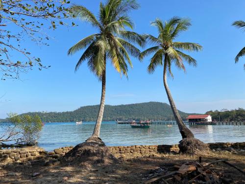 two palm trees on the shore of a body of water at Koalama Cambodia in Koh Rong Sanloem