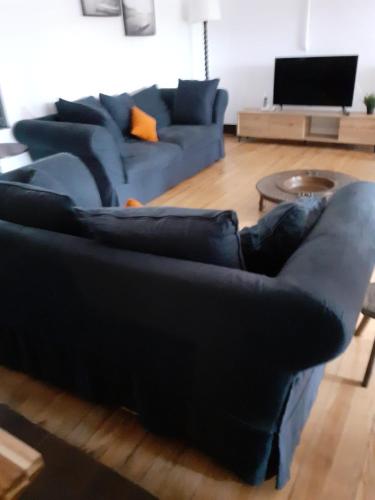 un salon avec un canapé bleu et une table dans l'établissement Villa Maky Enea, à Biarritz