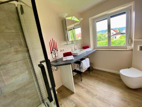 a bathroom with a sink and a toilet and a shower at Ferienwohnung Altes Zollhaus in Ering