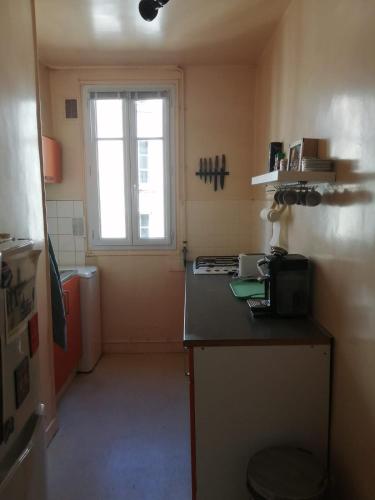 une petite cuisine avec un comptoir et une fenêtre dans l'établissement Chez Sophie, cosy et calme, à deux pas de Paris, à Saint-Mandé