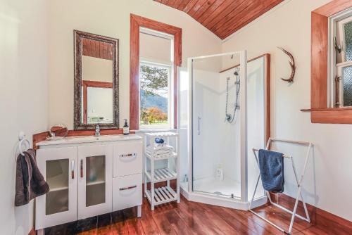 哈夫洛克Fantail Cottage Kaiuma Bay - Havelock Holiday Home的浴室配有淋浴和洗手池