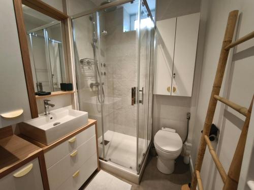 a bathroom with a shower and a toilet and a sink at L'Harmonie des Vagues in Granville