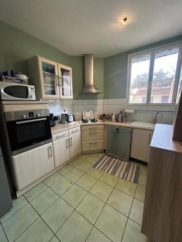 - une cuisine avec des murs verts et des appareils électroménagers blancs dans l'établissement Agréable maison de ville, à Perpignan