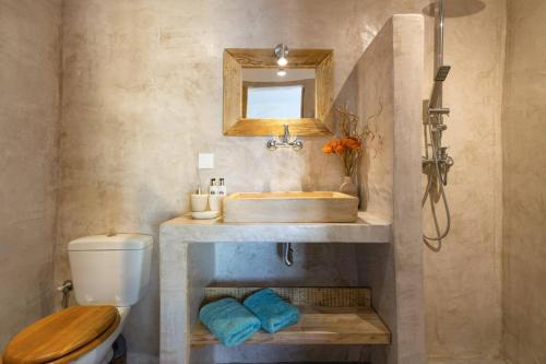 a bathroom with a sink and a toilet and a mirror at Villa Thea by Villa Plus in Skinária