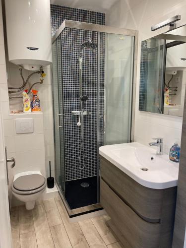 une salle de bain avec une douche, des toilettes et un lavabo dans l'établissement Vue mer Incroyable !, à Saint Cyprien Plage