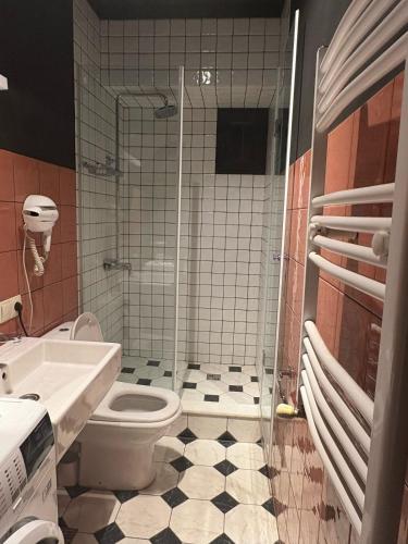 a bathroom with a shower and a toilet and a sink at Local Hotel in Tbilisi City
