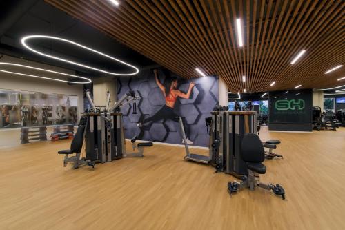 a gym with a painting of a woman on the wall at Zaliakalnio terasos apartamentai in Kaunas